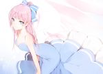  1girl arm_support bare_shoulders blue_eyes blue_ribbon breasts dress earrings gradient gradient_background hair_ribbon jewelry long_dress looking_at_viewer lp_(hamasa00) original pink_hair ponytail ribbon sleeveless sleeveless_dress smile solo striped 