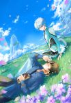  2boys book brown_hair closed_eyes clouds grass male_focus mikleo_(tales) mooche mountain multiple_boys petals scenery short_hair smile sorey_(tales) tales_of_(series) tales_of_zestiria white_hair 