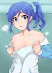  1girl aikatsu! blue_eyes blue_hair blush breasts cleavage himegami kiriya_aoi long_hair looking_at_viewer open_mouth side_ponytail solo 