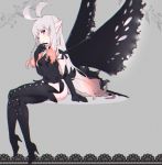  1girl ahoge anne_(bravely_second) antenna_hair blue_eyes boots bravely_default:_flying_fairy butterfly_wings chromatic_aberration crossed_legs elbow_gloves fairy gloves high_heels leotard long_hair pointy_ears silver_hair sitting smile solo thigh-highs thigh_boots very_long_hair wings 
