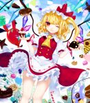  1girl apron ascot balloon blonde_hair bow candy candy_cane chocolate chocolate_heart cookie daimaou_ruaeru doughnut flandre_scarlet food hat hat_bow heart highres laevatein lollipop looking_at_viewer mob_cap one_eye_closed petticoat puffy_short_sleeves puffy_sleeves red_eyes sash shirt short_sleeves side_ponytail skirt skirt_set smile solo strawberry_shortcake thighs touhou vest waist_apron wind_lift wings 