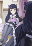  &gt;:) 1girl black_hair black_legwear blush cellphone dress gokou_ruri gothic_lolita hairband highres lolita_fashion long_hair long_sleeves mirror no_shoes ore_no_imouto_ga_konna_ni_kawaii_wake_ga_nai panties panties_under_pantyhose pantyhose phone self_shot sitting smartphone smile solo streamingsun thighband_pantyhose underwear violet_eyes 