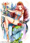  anklet armlet bare_legs barefoot barefoot_sandals column curly_hair dress earrings fantasy food fruit grass greek_mythology green_eyes hera_(p&amp;d) interitio jewelry long_hair official_art original peacock_feathers pillar pomegranate puzzle_&amp;_dragons redhead sitting smile staff tiara wavy_hair 