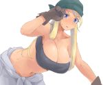  1girl :d bandana blonde_hair blue_eyes breasts cleavage clothes_around_waist fullmetal_alchemist gloves highres long_hair looking_at_viewer minakami_(flyingman555) navel open_mouth simple_background smile solo strapless tubetop white_background winry_rockbell 