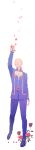  1boy absurdres arm_up blonde_hair blue_eyes braid flower full_body giorno_giovanna highres holding holding_flower jojo_no_kimyou_na_bouken long_image looking_up male_focus petals rose solo tall_image zenwa_(nezumihari) 