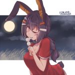  1girl animal_ears brown_hair bunny_tail food kinetsuki_miu kuromiya long_hair one_eye_closed original rabbit_ears red_eyes solo tail 