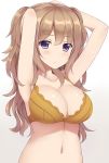  1girl armpits arms_up blush bra breasts brown_bra brown_hair cleavage collarbone highres large_breasts long_hair looking_at_viewer mizunashi_kenichi navel original solo two_side_up underwear underwear_only upper_body violet_eyes 