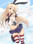  1girl @@@ black_panties blonde_hair blush brown_eyes elbow_gloves gloves hairband kantai_collection long_hair navel open_mouth panties shimakaze_(kantai_collection) skirt solo striped striped_legwear thigh-highs underwear white_gloves 