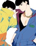  2boys black_hair brothers chain chain_necklace engraulis hands_in_pockets high_collar jewelry jumpsuit jyushimatsu karamatsu male_focus multiple_boys necklace osomatsu-kun osomatsu-san popped_collar siblings simple_background t-shirt v-neck white_background 