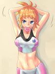  1girl abs adjusting_hair armpits bike_shorts blonde_hair blue_eyes breasts cleavage crop_top gundam gundam_build_fighters gundam_build_fighters_try highres hoshino_fumina midriff mouth_hold navel scrunchie shiny shiny_skin solo tank_top tesshii_(riza4828) tying_hair 