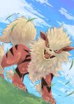  arcanine blue_sky brown_eyes clouds dutch_angle fangs grass highres no_humans pokemon pokemon_(creature) sky solo tesshii_(riza4828) 