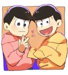  2boys :3 brothers heart heart_in_mouth hoodie jyushimatsu male_focus multiple_boys nomiko_524 open_mouth osomatsu-kun osomatsu-san siblings sleeves_past_wrists smile todomatsu upper_body v 