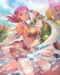  1girl armpits breasts building cleavage dancer detached_sleeves earrings egyptian egyptian_clothes esha hair_ornament highres jewelry large_breasts looking_at_viewer official_art original purple_hair revealing_clothes sarong short_hair sideboob solo sword tenkuu_no_crystalia violet_eyes weapon 