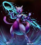  foreshortening full_body glowing glowing_eyes highres mewtwo no_humans oversized_object pokemon pokemon_(creature) pokemon_special solo spoon tesshii_(riza4828) violet_eyes 