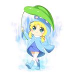  1girl animal_hood ayakashi_(monkeypanch) blonde_hair green_eyes hair_ribbon highres hood leaf_umbrella moriya_suwako raincoat ribbon solo touhou younger 