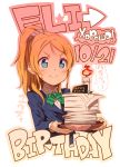 1girl ayase_eli bangs birthday blonde_hair blue_eyes candle character_name dated long_hair long_sleeves love_live!_school_idol_project paper paper_stack ponytail russian school_uniform scrunchie solo sweat swept_bangs yuuzii