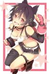  1girl 3nami73 belt black_hair gloves god_eater god_eater_2:_rage_burst hair_ornament hairclip highres kouzuki_nana navel red_eyes short_hair shorts smile solo 