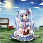 1girl bench blue_dress blue_hair blue_sky blush bowtie box cat_print choker dress frills gloves grass hair_ribbon highres midna01 mud original outdoors parted_lips ribbon rugby_ball see-through short_sleeves sky smile solo sun twintails violet_eyes waving white_gloves wrist_cuffs 