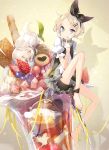  1girl :p absurdres ahoge ankle_ribbon artist_request barefoot bike_shorts blonde_hair blue_eyes fingerless_gloves food fruit gloves hair_ornament hair_ribbon hairclip highres ice_cream kagamine_rin open_mouth parfait puffy_sleeves ribbon short_hair short_sleeves shorts_under_skirt sitting smile solo tongue tongue_out vocaloid white_gloves 