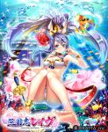  1girl animal_ears anklet barefoot bikini bracelet bubble coral feet fish flower freediving hair_flower hair_ornament jewelry long_hair necklace ocean official_art original purple_hair romance_of_the_three_kingdoms rose soles swimming swimsuit tied_hair toes underwater 