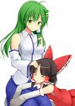  2girls :3 =_= age_difference ahoge bare_shoulders benikurage blush bow breasts brown_hair collared_shirt cookie_(touhou) detached_sleeves frog_hair_ornament green_eyes green_hair hair_bow hair_ornament hair_ribbon hair_tubes hakurei_reimu height_difference highres kochiya_sanae large_bow long_hair multiple_girls paseri_(cookie) ribbon sarashi shirt smile snake_hair_ornament szk touhou 