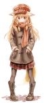  1girl absurdres animal_ears boots coat covered_mouth fox_ears fox_tail hands_in_pockets hat highres hirosaki_yukito orange_eyes original pantyhose plaid plaid_skirt scarf skirt sweat tail 