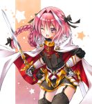  1boy ;d black_legwear bow braid cape fang fate/apocrypha fate_(series) garter_straps gauntlets hair_bow hand_on_hip male_focus one_eye_closed open_mouth otoko_no_ko pink_eyes pink_hair rider_of_black single_braid smile star sword thigh-highs weapon yuto_cafe 