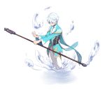  cape male_focus mikleo_(tales) short_hair solo staff tales_of_(series) tales_of_zestiria violet_eyes water white_hair 