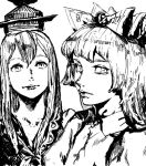  2girls bangs fujiwara_no_mokou hair_ribbon hat hime_cut kamishirasawa_keine monochrome multiple_girls oekaki ribbon touhou yo_(pixiv) 