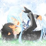  1boy 1girl asuna_(sao) asuna_(sao-alo) black_hair blue_hair closed_eyes couple halya holding_hands jewelry kirito kirito_(sao-alo) long_hair lying pointy_ears ring short_hair sword_art_online 