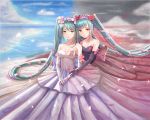  2girls aqua_hair artist_request breasts cleavage clouds dress elbow_gloves gloves hatsune_miku long_hair multiple_girls red_eyes twintails vocaloid water 