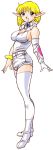  1girl artist_name artist_request bare_shoulders blonde_hair blue_eyes boots breasts collar elbow_gloves elf gloves hunewearl large_breasts looking_at_viewer original phantasy_star phantasy_star_online pointy_ears shorts simple_background single_elbow_glove single_glove sleeveless smile white_background white_legwear 