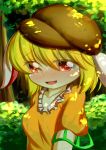  1girl absurdres animal_ears blonde_hair blush dappled_sunlight dior-zi flat_cap forest full-face_blush hat highres looking_at_viewer nature open_mouth rabbit_ears red_eyes ringo_(touhou) short_hair short_sleeves solo touhou upper_body 