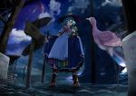  1girl backpack bag bird blue_hair boots bow clouds cloudy_sky cross-laced_footwear flamingo hat highres hinanawi_tenshi night night_sky red_eyes sign sky solo touhou waira 