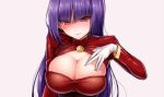  1girl akira_(natsumemo) blush breasts cleavage cleavage_cutout gloves large_breasts long_hair looking_at_viewer natsume_(pokemon) pokemon pokemon_(game) purple_hair red_eyes simple_background smile solo white_gloves 