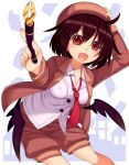  1girl beret black_wings brown_hair hat holding holding_hat jacket mikan_(bananoha) necktie open_clothes open_jacket open_mouth pen red_eyes shameimaru_aya solo touhou wings 
