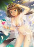  1girl beach bikini bird blue_eyes blush bracelet breasts brown_hair cleavage clouds cup dangmill front-tie_top green_eyes halter_top halterneck heterochromia highres idolmaster idolmaster_cinderella_girls jewelry looking_at_viewer mole mole_under_eye navel necklace open_mouth palm_tree seagull short_hair sky smile solo sunglasses sunglasses_on_head swimsuit takagaki_kaede tree water white_bikini white_swimsuit 