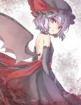  1girl alternate_color alternate_costume asa_(coco) back back_cutout bat_wings black_dress black_gloves dress elbow_gloves gloves hair_ribbon hat jpeg_artifacts lavender_hair looking_at_viewer looking_back mob_cap pointy_ears red_eyes remilia_scarlet ribbon sash short_hair solo touhou wings 