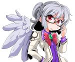  1girl bespectacled bow bowtie dress glasses jacket kishin_sagume long_sleeves open_clothes ponytail purple_dress red_eyes shinapuu shirt short_hair silver_hair single_wing solo touhou wings 