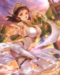  1girl armlet armpits black_hair bracer breasts building cleavage dancer earrings egyptian egyptian_clothes esha hair_ornament hat highres jewelry large_breasts looking_at_viewer official_art original revealing_clothes sarong short_hair sideboob solo sword tenkuu_no_crystalia weapon yellow_eyes 
