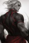  1boy from_behind highres ken_masters looking_at_viewer looking_back monochrome muscle serious shirt short_sleeves signature stanley_lau street_fighter street_fighter_v 