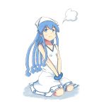  1girl between_legs blue_eyes blue_hair dress hand_between_legs hat ikamusume seiza shinryaku!_ikamusume sitting solo tentacle_hair tesshii_(riza4828) white_dress wrist_cuffs 