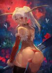  1girl ass bare_shoulders blonde_hair dark_skin detached_sleeves grin horns lack long_hair looking_at_viewer looking_back red_eyes smile solo sword tattoo thighs thong weapon 