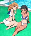  2girls arm_support ass asuna_(sao) barefoot bikini black_hair breasts brown_eyes brown_hair cleavage feet green_eyes kirigaya_suguha long_hair looking_at_viewer multiple_girls poolside puge sailor_bikini shiny shiny_skin short_hair sitting swimsuit sword_art_online tan tanline thighs wariza 