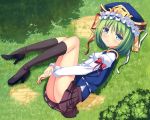  1girl blue_eyes blush from_above grass green_hair hat high_heels kneehighs leg_hug legs looking_at_viewer looking_up lying on_side outdoors shiki_eiki shirt shoes short_hair skirt smile solo tonchan touhou vest 