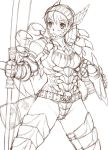  1girl armor arrow belt bow breastplate gauntlets helmet monochrome monster_hunter original pauldrons simple_background solo uchiu_kazuma white_background 