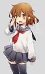 1girl absurdres anchor_symbol brown_eyes brown_hair commentary_request fang hair_ornament hairclip highres ikazuchi_(kantai_collection) kantai_collection lightning_bolt looking_at_viewer moca_blanc neckerchief open_mouth salute school_uniform serafuku short_hair skirt thigh-highs twitter_username 