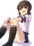  1girl black_eyes black_hair character_request fubuki_(kantai_collection) kantai_collection minarai_shachou panties pantyshot pantyshot_(sitting) ponytail robot school_uniform serafuku short_hair sitting underwear 