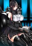  1girl black_hair black_legwear book breasts bridal_gauntlets character_request copyright_request elbow_gloves gloves hair_over_one_eye large_breasts long_hair looking_at_viewer mugenshiki red_eyes sitting smile solo thigh-highs very_long_hair zettai_ryouiki 