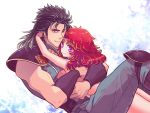  1boy 1girl black_hair couple hetero hokuto_no_ken hug long_hair mamiya mayuzumi red_eyes redhead rei_(hokuto_no_ken) violet_eyes 